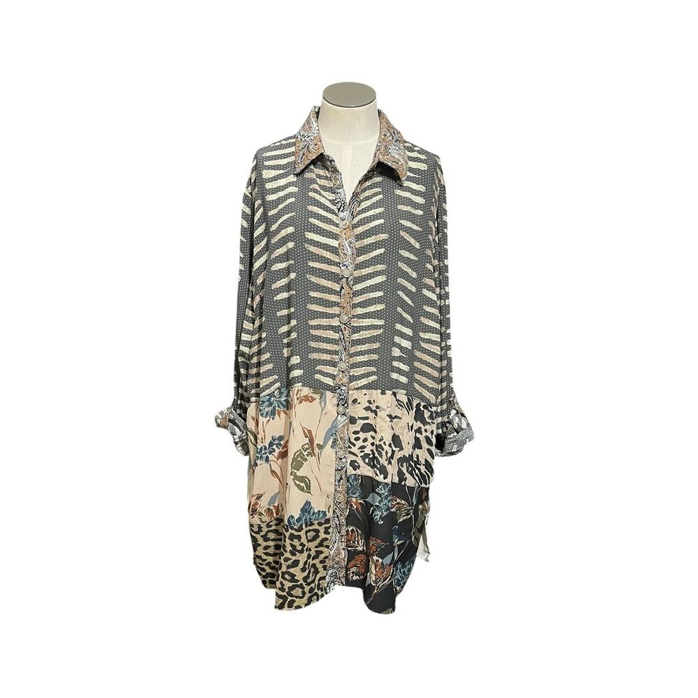Boho Lagenlook Resort John Mark Mixed Floral Animal Print Button Up Tunic Sz XL